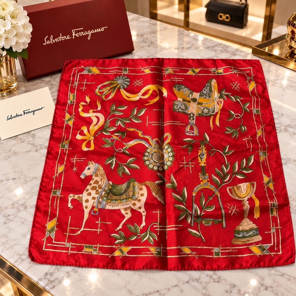 Salvatore Ferragamo Vintage Silk Scarf Red Equestrian Horse Saddle Print Square